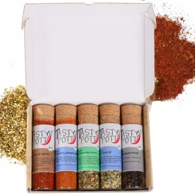 Afbeelding van Tasty Pott Bedankdoos, biologische specerijen, kruidenset, cadeau idee voor familie en vrienden, kruidenmengsels, specerijen in glas, geschenkdoos (grillkruiden, plezier goede eetlust)