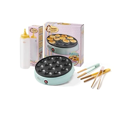 Afbeelding van Bestron Poffertjesmaker in retro design + doseerfles voor 700 ml, met schaalverdeling 3x Servertang, Cadeu set, kleur: Multikleurig/Mint