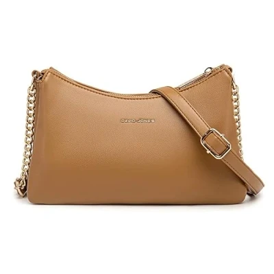 Afbeelding van David Jones Kleine schoudertas met meerdere vakken voor dames handtas gedragen schouder kunstleer tas kettingen 3 kruisjes Stad, avond, telefoon, Cognac bruin, Chique