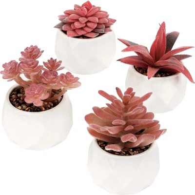 Afbeelding van Belle Vous 4 Roze Artificiële Vetplanten in Potten Decoratieve Faux Gepotte Bloemen Realistische Mini Nep Planten Keramische voor Huis, Kantoor, Tafel/Bureau, Slaapkamer Decoratie