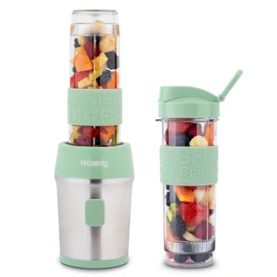 Afbeelding van H.Koenig SMOO18 Mini blender, draagbaar, compact, 570 ml, BPA vrij, krachtig, 300 W, smoothie mixer, 2 draagbare flessen, 4 messen van roestvrij staal, flessen met reisdeksel inbegrepen