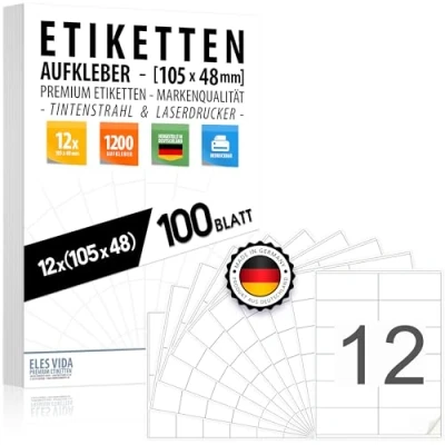 Afbeelding van 1200 stuks adresetiketten 105 x 48 mm (12 per DIN A4 vel), bedrukbaar met inkjet en laserprinter, printeretiketten, Made in Germany