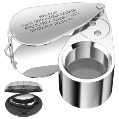 Afbeelding van Uootach Vergrootglas, 40 x vergrotende sieraden, metalen vouwvergrootglas met uv leds, gemakkelijk mee te nemen, voor handwerk, kaarten, postzegels