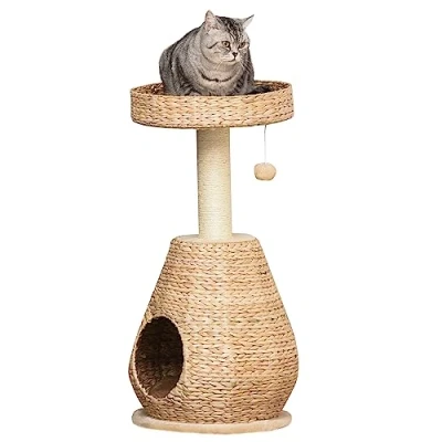 Afbeelding van PawHut Kattenboom krabpaal met kattengrot sisal hoogte 82,5 cm zacht pluche geel D30 370
