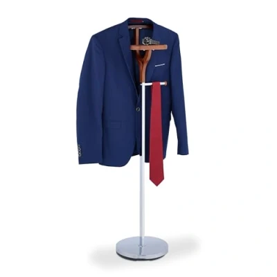 Afbeelding van Relaxdays dressboy zilver houtlook kledingstandaard slaapkamer met houder stropdas