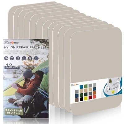 Afbeelding van Cahomo 12 stuks waterdichte nylon reparatiepatches voor jassen, tenten, outdoorkleding, 20 x 10 cm, beige en wit