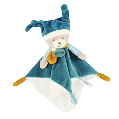 Afbeelding van BABY NAT BN0739 Knuffeldier, schattige beer, blauw beer met nachtmuts en gestreepte print cadeau idee voor geboorte knuffeldier gemakkelijk te vangen zeer zacht om knuffelen
