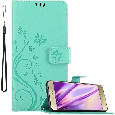 Afbeelding van Cadorabo Hoesje geschikt voor Huawei P8 LITE 2017 / P9 in BLOEMEN TURKOOIS Beschermhoes bloemmotief met magnetische sluiting, standfunctie en kaartsleuven Book Case Cover Etui