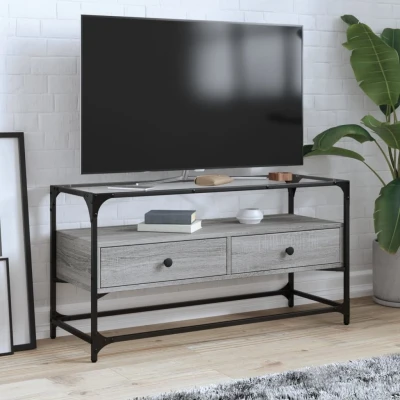 Afbeelding van Tv meubel met glazen blad 98x35x51 cm bewerkt hout grijs sonoma
