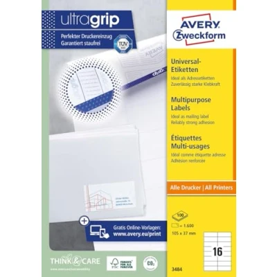 Afbeelding van Avery Zweckform 3484, Universele Etiketten, Ultragrip, Wit, 100 Vel, 16 Per 105 X 37 Mm Etiket
