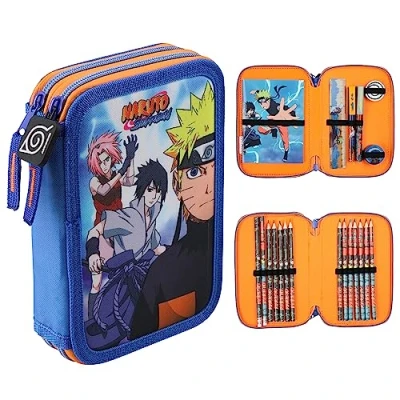 Afbeelding van Naruto Schooletui, dubbel vak, met schoolbenodigdheden, pennen, kleurpotloden, notitieboek, kleuren, cadeau idee, anime, manga, kinderen, tieners