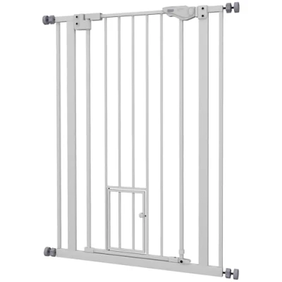Afbeelding van PawHut Veiligheidshek voor dieren, 104 uur, met deur, automatische sluiting, dubbel vergrendelingssysteem, zonder boren, 74 tot 80 cm, staal, wit