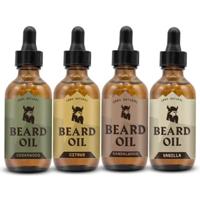 Afbeelding van Striking Viking, Beard Oil 4 Pack Verzachtende en revitaliserende baardolie voor mannen Verschillende geuren van citrusvruchten, vanille, sandelhout cederhout argan jojoba oliën