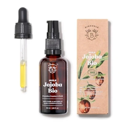 Image de Bionoble Huile de Jojoba Bio 50ml + Pipette et Pompe Bouteille en Verre Pure, Naturelle, Pressée à Froid Visage, Corps, Cheveux, Barbe, Ongles Vegan Oil