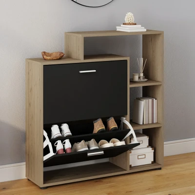 Image de Meuble à chaussures KLARK imitation hêtre 2 portes noires avec étagères