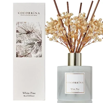 Afbeelding van Cocorrína Diffuser met stokjes, 200 ml, witte dennenboom, 8 geurstokjes voor binnen, slaapkamer, badkamer, woonkamer, thuis en kantoordecoratie