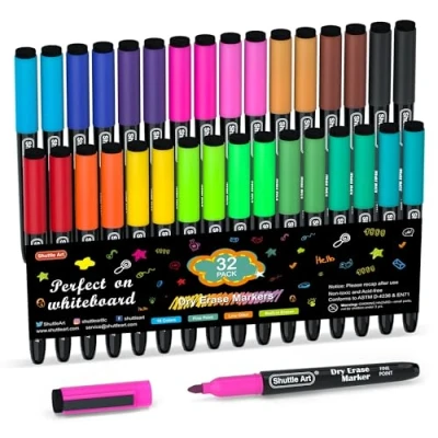 Afbeelding van Shuttle Art 32 stuks magnetische whiteboard markers, 16 kleuren, droog afwisbare markers met gum, uitwisbare stiften om op whiteboards te schrijven, weekplanner, glas voor school, kantoor, thuis