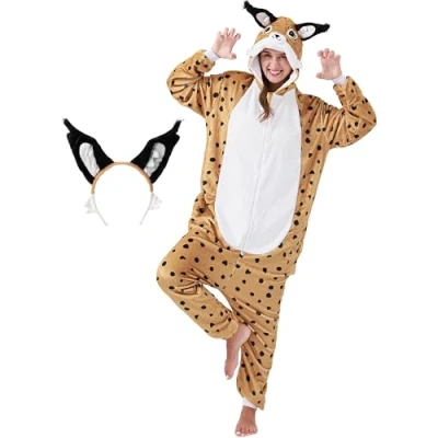 Afbeelding van corimori Fluffy Lynxkostuum voor volwassenen met hoofdband, carnavalskostuum onesie dames en heren, maat 170 180 cm