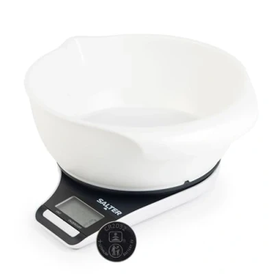Afbeelding van Salter Keukenweegschaal met 1,25L Kom Precisie Weegschaal Keuken Digitaal tot 5 kg Tarra Functie Inclusief Batterijen Wit/Zwart