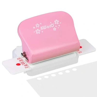 Afbeelding van perforator met 6 gaten, handmatige van metaal, hamercapaciteit 5 vellen, mm, aan beide zijden beweegbare positioneringskolommen A4/30 gaten A5/20 B5/26 (roze)