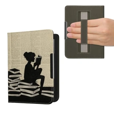 Afbeelding van kwmobile E reader hoesje geschikt voor Kobo Clara BW / Colour hoes flip case met magneetsluiting Ereader cover Meisje boeken design in zwart beige