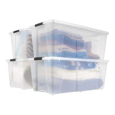 Afbeelding van Iris Ohyama, Grote opbergdoos van kunststof met deksel, 80 l, 4 stuks, transparant, sluitclips, handvat, stapelbaar, draagbaar, robuust en duurzaam, voor beddengoed, kleedkamer, slaapkamer, TB 84D