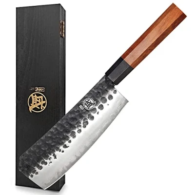 Afbeelding van MITSUMOTO SAKARI Japans mes van 19 cm, keukenmes hoogwaardig koolstofstaal, professionele handgesmede keukenmessen (rozenhandvat en geschenkverpakking)