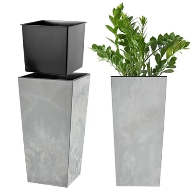 Afbeelding van KADAX Bloempot, bloembak van kunststof, plantenbak voor bloemen, binnen en buiten, tuin, balkon, terras, huis, weerbestendig, imitatie rotan (beton grijs, 36 cm hoog)