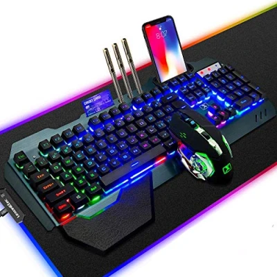 Afbeelding van Ensemble Clavier et Souris Rechargeable sans fil 2,4 G 3800 mAh, de Joueur Rétroéclairé Arc en ciel 2400 DPI, 7 Couleurs, Respiratoire Optique, Grand Tapis Jeu RGB