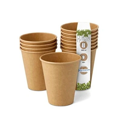 Afbeelding van Greenbox 50 Wegwerpbekers, biologisch afbreekbare papieren bekers voor drankjes/koffie, met PLA coating, bruin, ongebleekt, 250 ml
