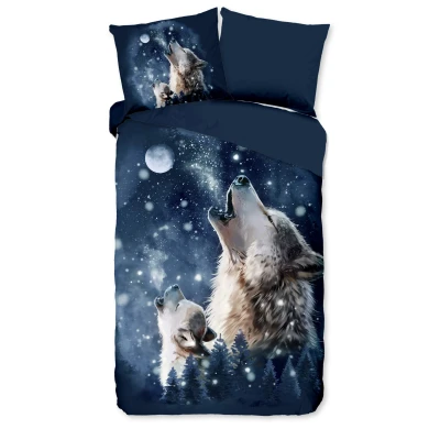 Afbeelding van Dekbedovertrek 135x200 cm Wolf bij Maanlicht Print Blauw 1 Persoons Microfiber Oeko Tex Gecertificeerd