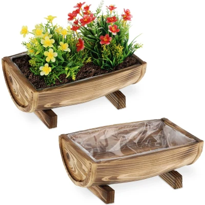 Afbeelding van Relaxdays plantenbak hout set van 2 langwerpig folie gevlamd bruin