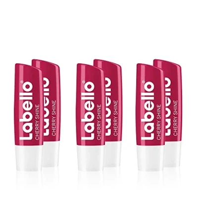 Afbeelding van Labello Cherry Shine lippenbalsem (6 x 4,8 g) met zachte rode glans en glinsterende pigmenten kersenaroma, lippenverzorging zonder minerale oliën