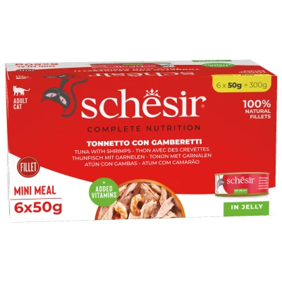 Afbeelding van Schesir Kat Mp Blik Gelei 6x50 g Kattenvoer Tonijn&amp;Garnaal