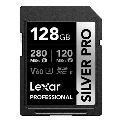 Afbeelding van Lexar Silver Pro SD kaart, 128 GB, SDXC geheugenkaart UHS II, V60, U3, C10, tot 280 MB/s lezen, voor professionele fotograaf, videograaf, liefhebber (LSDSIPR128G BNNAA)