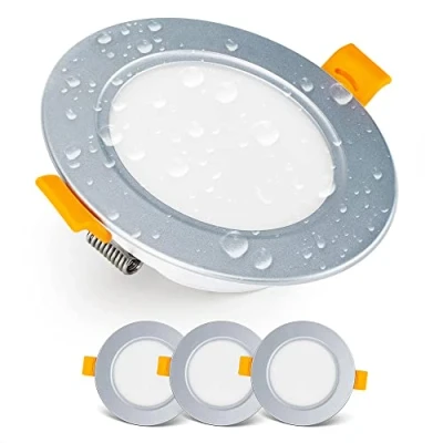 Afbeelding van Emos Exclusieve led inbouwspot, downlight, plafondspots, IP54, voor badkamer, vochtige ruimtes, warm wit, 3000 K, 3 stuks, extra plat, rond, 5 watt (5 W) / 500 lumen, zilverkleurig