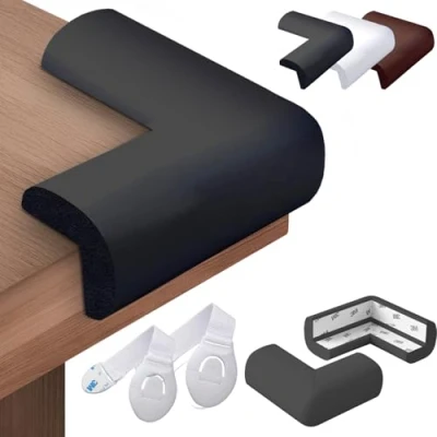 Afbeelding van HAPPY CHLEA 20 x tafelhoeken, babybescherming van rubber met Active Foam technologie, mueble hoekbescherming + 2 ladeblokken, babyveiligheid, ideaal voor bedden, tafels, meubels, hoeken (zwart)