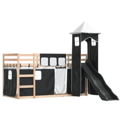 Afbeelding van vidaXL Stapelbed met glijbaan en gordijnen wit zwart 80x200 cm