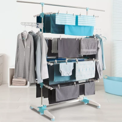 Afbeelding van Séchoir à linge blanc/bleu 4 niveaux réglables XXL + barre télescopique