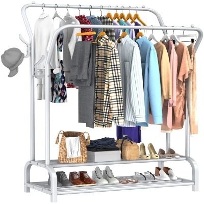 Afbeelding van Avalo Industrieel Kledingrek Dubbele Stang Metaal 110x33x150 CM Wit Opbergruimte Voor Schoenen Garderoberek Met Haken