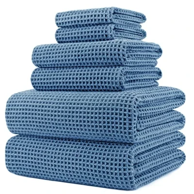 Afbeelding van POLYTE Set van 6 extra grote badhanddoeken, microvezel, sneldrogend, pluisvrij, 76 x 152 cm, blauw (wafelweefsel)