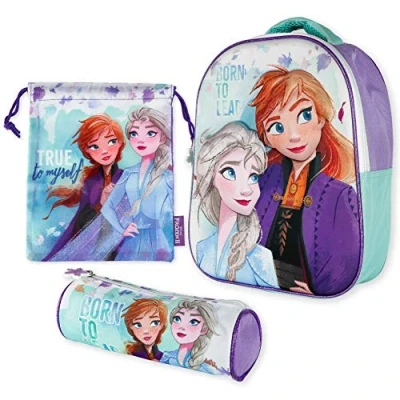 Afbeelding van Kinderrugzak, 3D, etui en snacktas van ijskoningin 2 exclusieve designs de schooltas voor meisjes kinderen vanaf 3 jaar schoolmateriaal terug naar ijskoningin, Celeste Y Blanco
