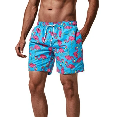 Afbeelding van MaaMgic heren zwemshort FAST DRYING boardshort trainingsbroek met mesh voering en verstelbaar trekkoord, Blauw roze flamingo, XXL