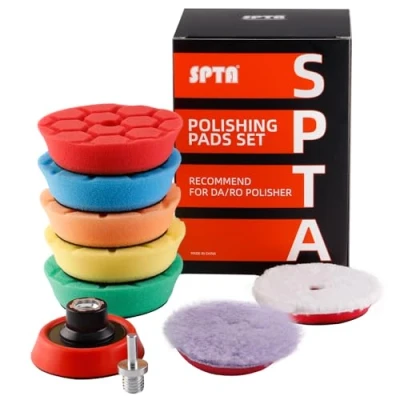 Afbeelding van SPTA Hex Logic Polijstpads 80 mm met wollen pads en draagplaat voor auto polijstmachine RO/DA 9 stuks