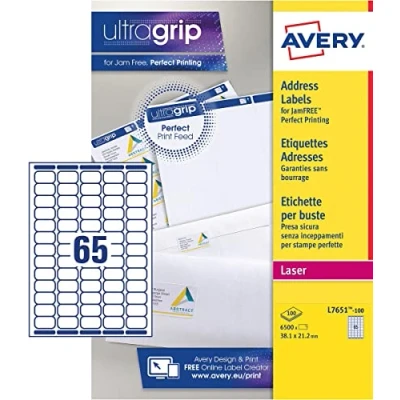 Afbeelding van Avery L7651, Verzendetiketten, Laser, Ultragrip, wit, 100 vellen, 65 per vel, 38,1 x 21,2 mm etiket
