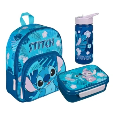Afbeelding van Disney Stitch kleuterschoolrugzak gepersonaliseerd met naam, kinderrugzak voorvak, 2 vakken, 25,5 x 30,5 10 cm, Set 1 Lilo &amp; blauw