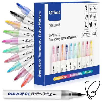 Afbeelding van ACCloud Tijdelijke tattoo marker voor de huid, 10 lichaamsmarkers + 124 sjablonen, flexibele penseelpunt