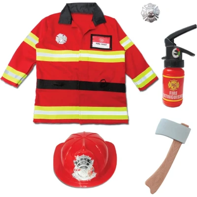 Afbeelding van Den Goda Fen Verkleedkledij Brandweer Kostuum bestaande uit jas, helm, bijl, badge en brandblusser