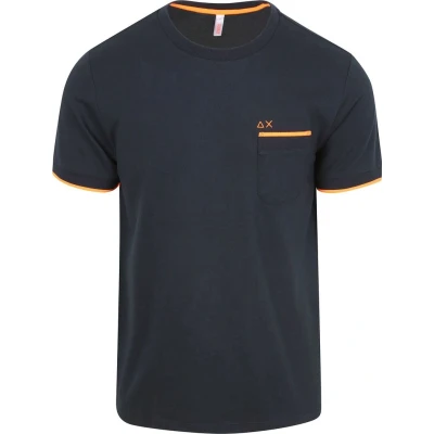 Afbeelding van Sun68 Piqué T Shirt Fluo Stripe Navy maat M Heren met Modern fit Pasvorm Stretch Suitable Herenkleding