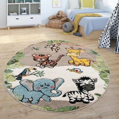 Afbeelding van Paco Home Vloerkleed Kinderkamer Jungledieren Giraf Leeuw Aap Zebra Beige/Crème Ø 120 cm Rund